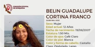 SE SOLICITA LA PARTICIPACIÓN DE TODOS USTEDES AMABLES LECTORES PARA LA LOCALIZACIÓN DE BELIN GUADALUPE CORTINA FRANCO.