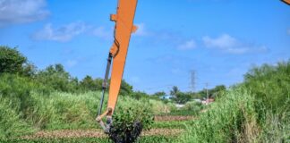 Trabaja Gobierno de Río Bravo con S. R. L. Amistad Falcón en limpieza del dren Río Bravo.